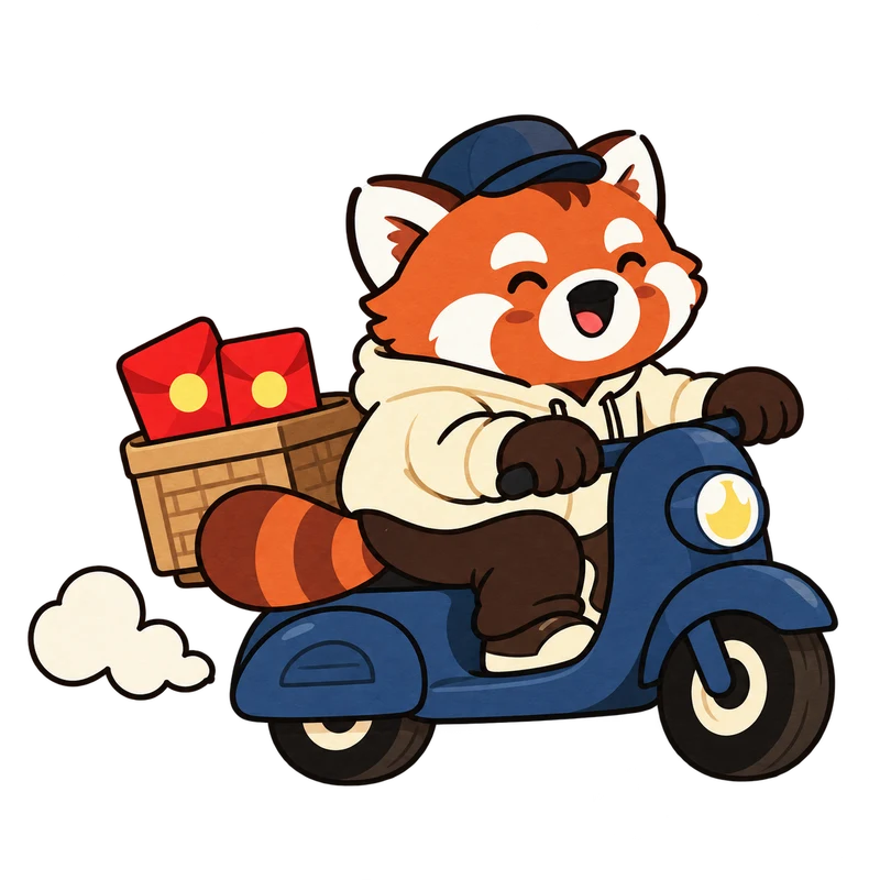 The red panda courier delivering Hongbao envelopes on a navy scooter.